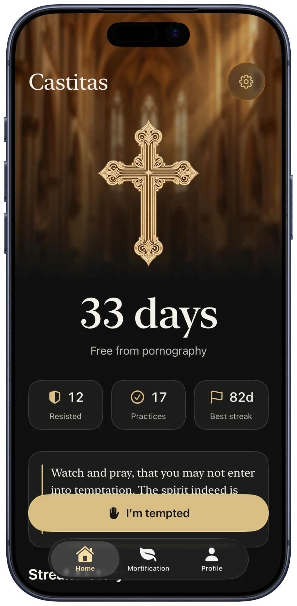 Castitas home screen on an iPhone: 33 days free from pornography, with the I’m tempted button